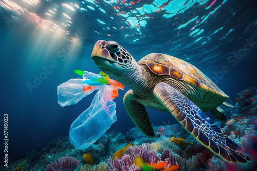 Turtle With Plastic Bags, The Tragic Consequences of Plastic Pollution - Threat to Ocean Life and Coral Reef Ecosystems With Generative AI © Annisah