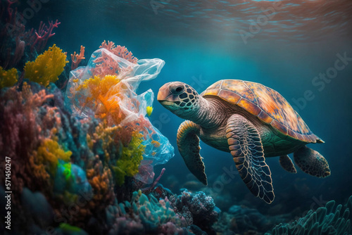 Turtle With Plastic Bags  The Tragic Consequences of Plastic Pollution - Threat to Ocean Life and Coral Reef Ecosystems With Generative AI