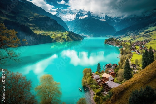Stunning idyllic nature scenery of lake Brienz with turquoise waters. Switzerland, iseltwald village, Bern canton. village surrounded turquoise waters ,aereal view. Generative AI