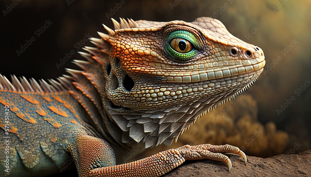 Obraz premium Close-up of bearded dragon lizard. Detail face of reptile. Cute iguana dragon with scales.
