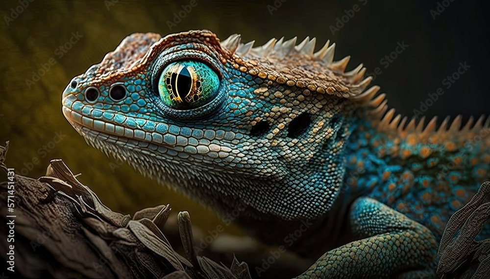Close-up of bearded dragon lizard. Detail face of reptile. Cute iguana dragon with scales.