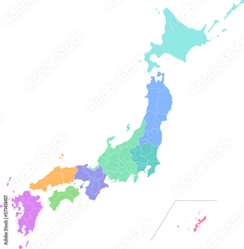 分割できるカラフルな日本地図のシルエットイラスト（県境入り）