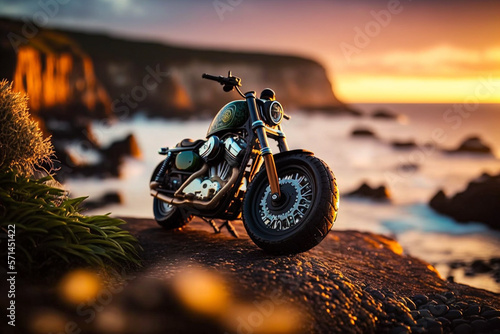 Photorealistic ai artwork of a classic-looking motorcycle parked on top of a clifftop. Generative ai.