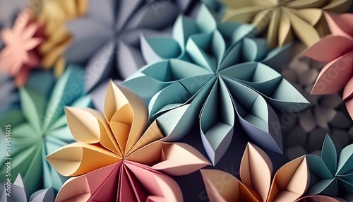 Colorful origami pastel color flowers. Spring paper petals. Folded arts and crafts.