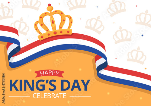Happy Kings Netherlands Day Illustration with Waving Flags and King Celebration for Web Banner or Landing Page in Flat Cartoon Hand Drawn Templates