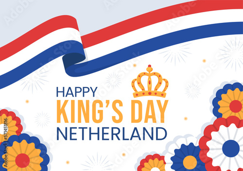 Happy Kings Netherlands Day Illustration with Waving Flags and King Celebration for Web Banner or Landing Page in Flat Cartoon Hand Drawn Templates