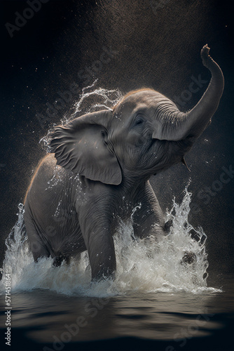 Photo portrait of a baby elephant splashing in water