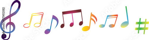 Colourful music note symbols of different color: pink, red, orange, yellow, green, blue, cyan, purple, violet. Hand painted watercolour sketch, isolated clipart elements for design, pattern, stickers.