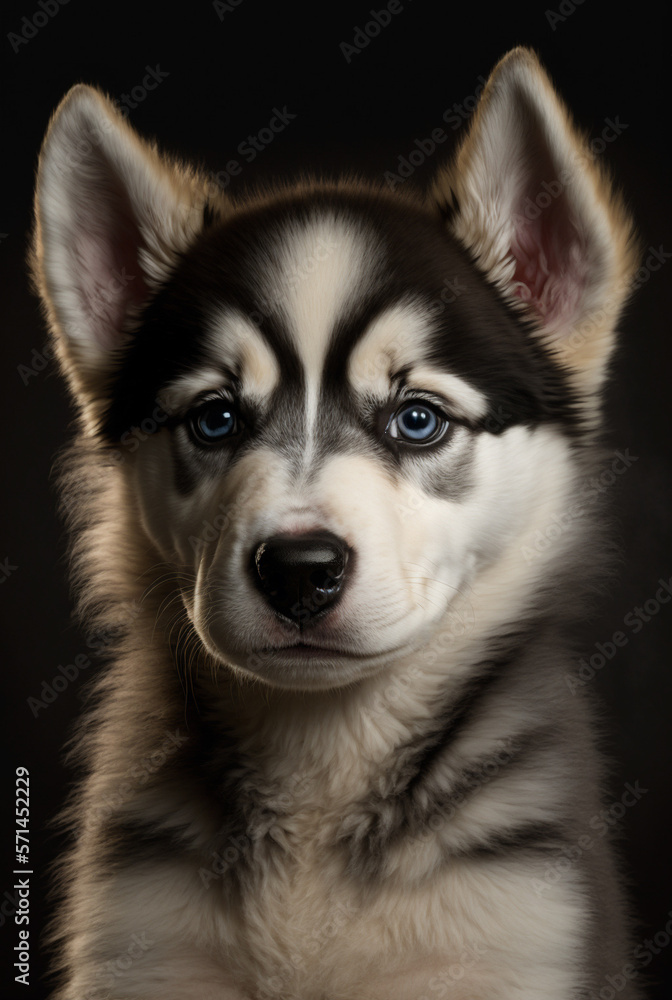 Close up Portrait photo of a siberian husky puppy with blue eyes