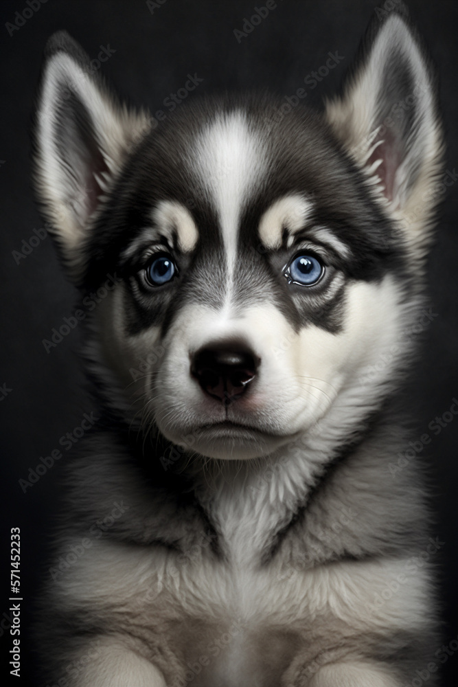 Portrait photo of a siberian husky puppy with blue eyes