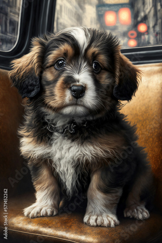 Portrait Photo of a Moodle Puppy on a London bus photo
