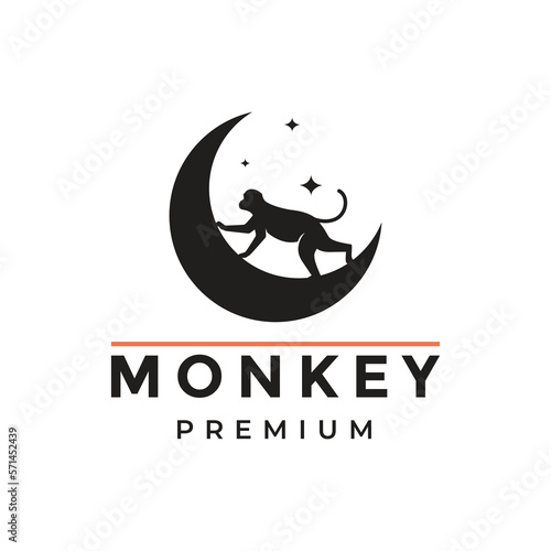 monkey with moon star galaxy planet gorilla zoo mammal logo design vector illustration