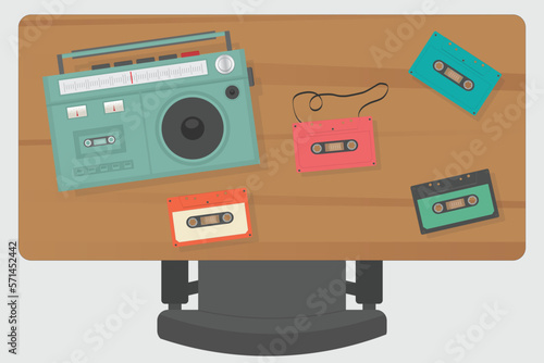 tape recorder cassette player with audio cassettes on a table flat vector 90s 80s memories nostalgia