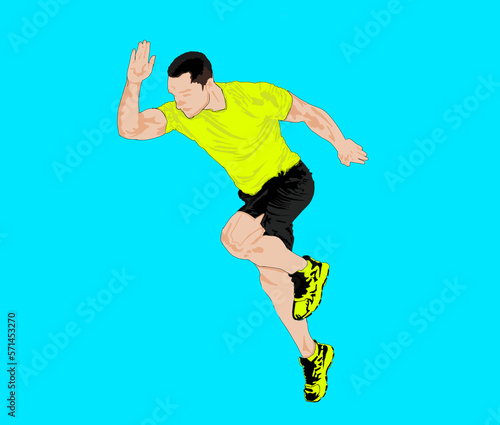 a man is running against a blue background