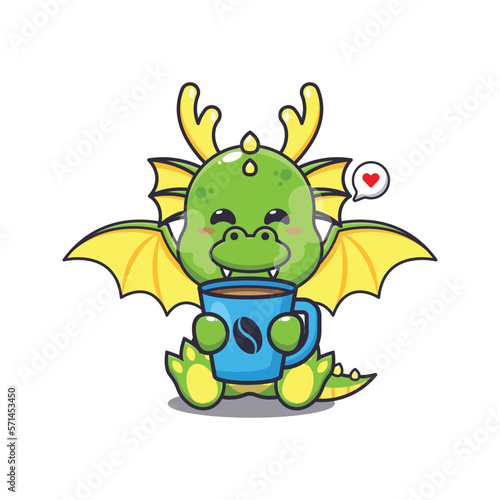 Cute dragon with hot coffee cartoon vector illustration. Vector cartoon Illustration suitable for poster, brochure, web, mascot, sticker, logo and icon.