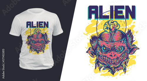 Awesome vector t-shirt design with a alien invaders. Sport uniform, t-shirt activewear template, colorful. T-shirt print or tattoo with a alien invaders.