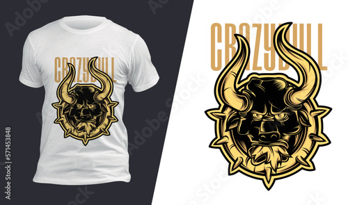 Awesome vector t-shirt design with a crazy bull. Sport uniform, t-shirt activewear template, colorful. T-shirt print or tattoo with a crazy bull.