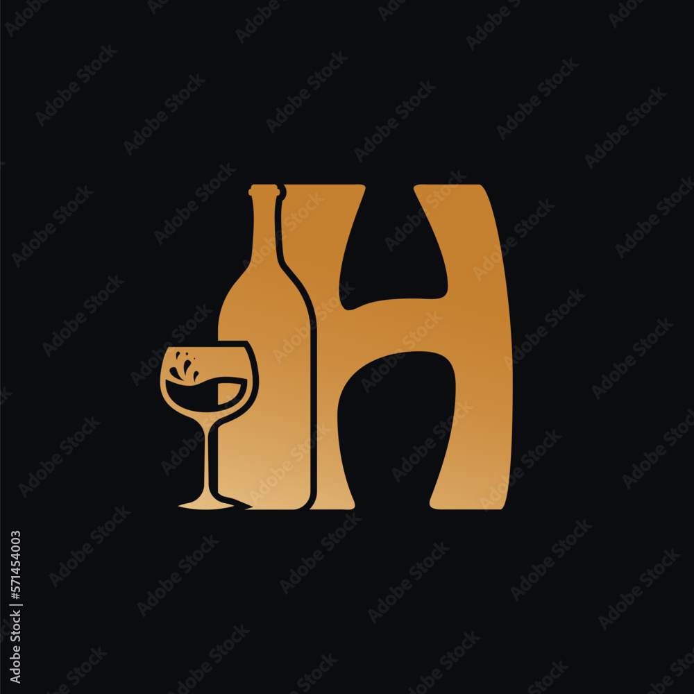 Letter H Logo With Wine Bottle Design Vector Illustration On Black Background. Wine Glass Letter H Logo Design Letter H Logo With Wine Bottle Design Vector Illustration On Black Background. Wine Glass Letter H Logo Design