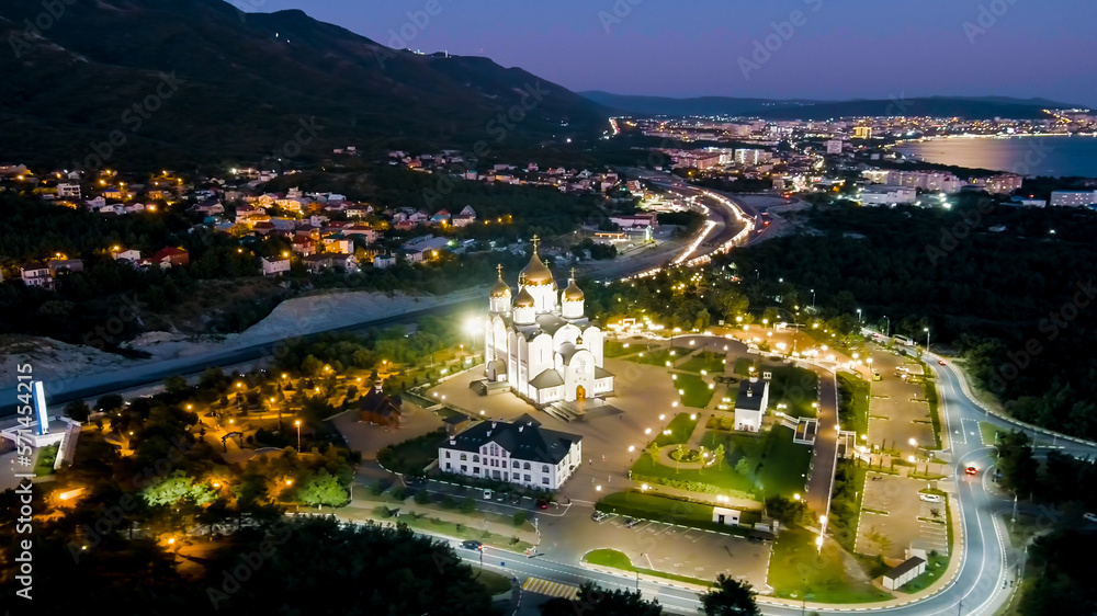 Gelendzhik, Russia. Cathedral of St. Andrew the First-Called. Andreevsky park. Night time, Aerial View