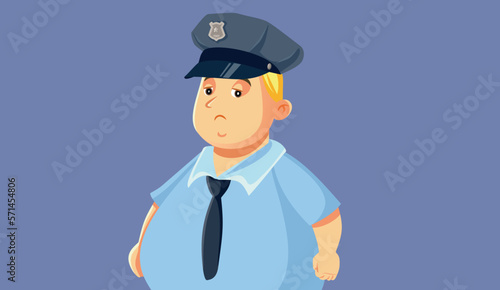 Overweight Policeman Wearing his Uniform Vector Cartoon Character. Stressed security guard feeling unhappy and unwell
