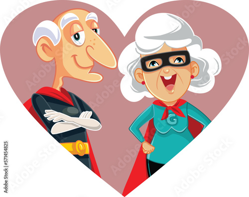 Superhero Grandparents Smiling from a Heart Shape Vector Cartoon Illustration. Strong elderly people having a relationship for a long time wearing capes 
