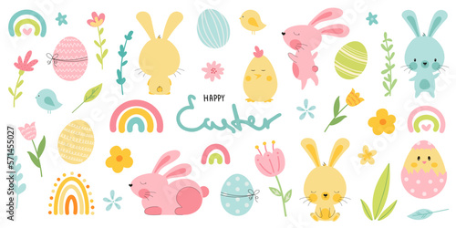 Easter set with cute bunny, eggs, rainbow, flowers
