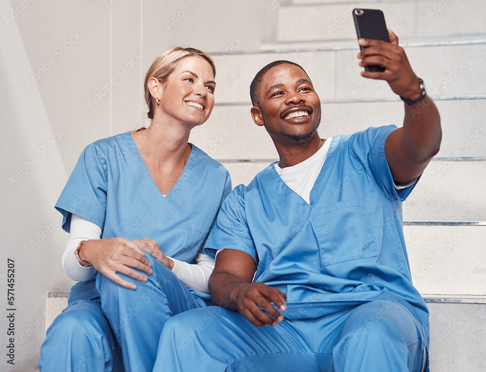 Healthcare, doctors and selfie in hospital, smile and fun together