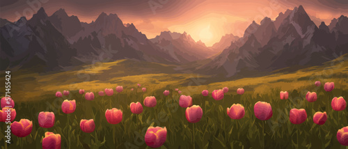 Fotografia A field of tulips against the backdrop of mountains
