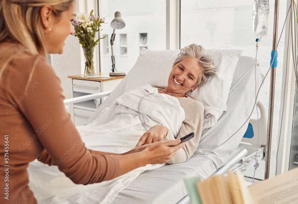 Hospital visit, happy senior patient and woman visitor with phone in a medical clinic. Conversation, mobile video and happiness of a mature female with adult daughter waiting for doctor feeling calm Hospital visit, happy senior patient and woman visitor with phone in a medical clinic. Conversation, mobile video and happiness of a mature female with adult daughter waiting for doctor feeling calm