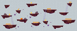 Flying rock islands vector game landscape isolated elements. Cartoon floating platform for arcade videogame. 2d ui level map with gold goin on transparent background. World asset design