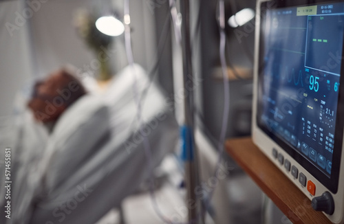 Fotografie Hospital electrocardiogram, critical care and icu patient with doctor tech in a clinic