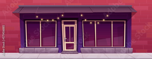 Traditional store facade with door and big window, showcase. Shop front view on brick wall with garland and canopy. Building exterior in town cartoon background. Office entrance on street with light.