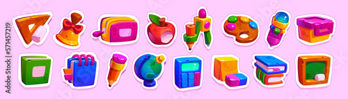 Icon stickers of school stationery, pencil, book, ruler and globe patches. Game objects of education supplies, pencil case, apple, chalk, notebook and bell, cute vector cartoon set isolated