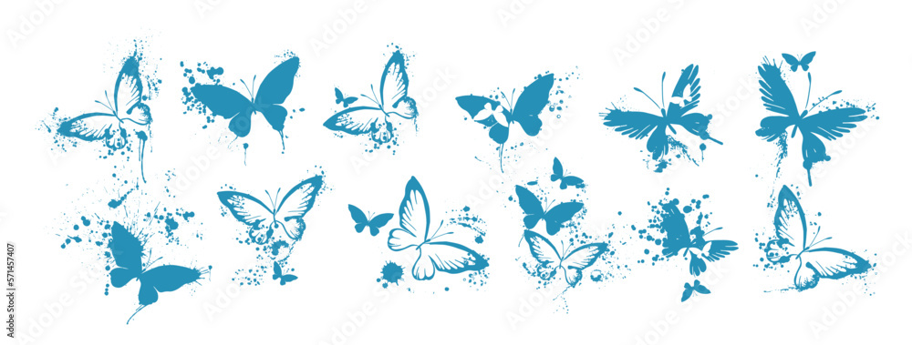 Silhouette of butterfly. Set of butterflies of different shapes. Monochrome blue vector illustration on white background. Silhouette of butterfly. Set of butterflies of different shapes. Monochrome blue vector illustration on white background.