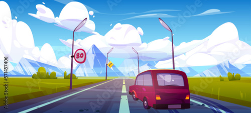 Mountain landscape with road and car, cartoon vector. Speed limit sign and outdoor lamp on drive way. Travel to Patagonia illustration. Cloud sky nature view. Vehicle route in beautiful location.