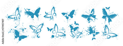 Silhouette of butterfly. Set of butterflies of different shapes. Monochrome blue vector illustration on white background.