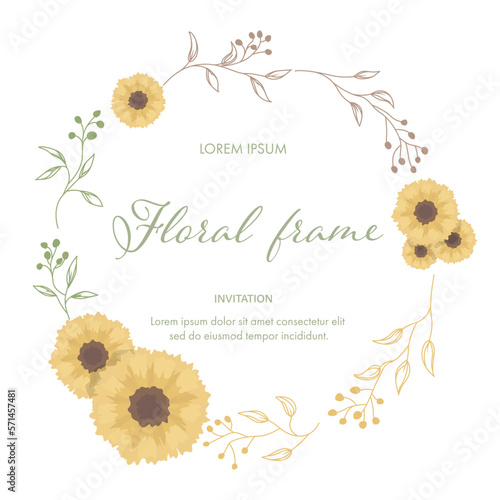 Fototapeta Naklejka Na Ścianę i Meble -  Flowers wreath for floral wallpaper template bouquet background. Botanical flowers and tropical leaf branch can be used for printing, greeting or wedding anniversary.Vector invitation card concept.