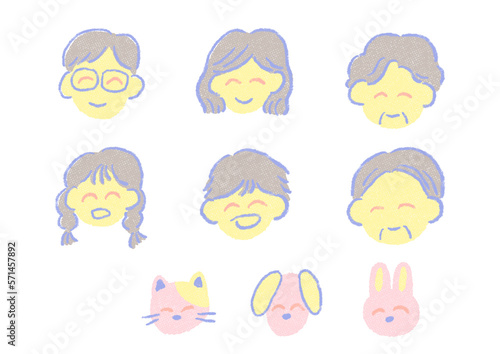 Simple and pop smiling family and pet Cute hand-drawn illustration set of colored pencils/crayons / シンプルでポップな笑顔の家族とペット 色鉛筆/クレヨンのかわいい手描きのイラストセット