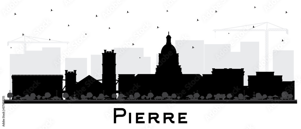 Pierre South Dakota City Skyline Silhouette with Black Buildings Isolated on White. Vector Illustration. Pierre USA Cityscape with Landmarks.