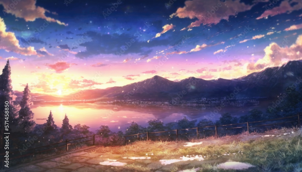 Obraz premium Anime Landscapes: A Vibrant Journey Through Imagined Realms, ai generative