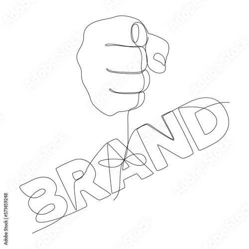One continuous line of hand holding a string with Brand word. Thin Line Illustration vector concept. Contour Drawing Creative ideas.