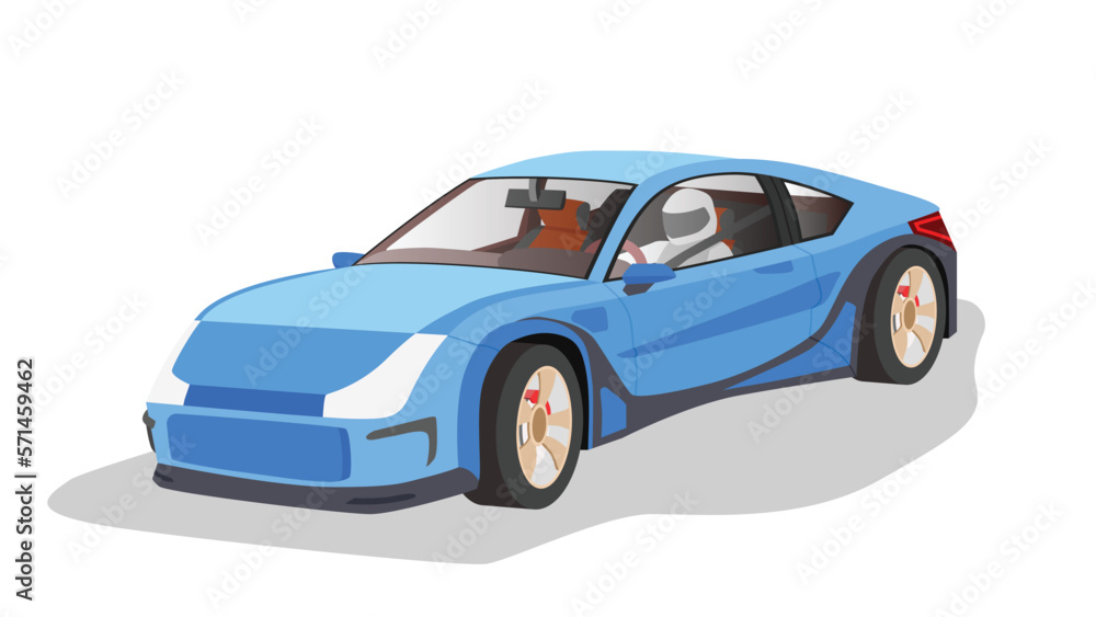 Super sports car with test drivers inside. Car on the white background with shadow.