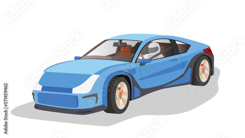 Super sports car with test drivers inside. Car on the white background with shadow.