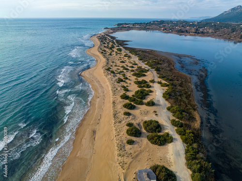 Fototapeta Naklejka Na Ścianę i Meble -  Aerial drone photo of Chalikounas Beach and Lake Korission  on Corfu Island in Greece