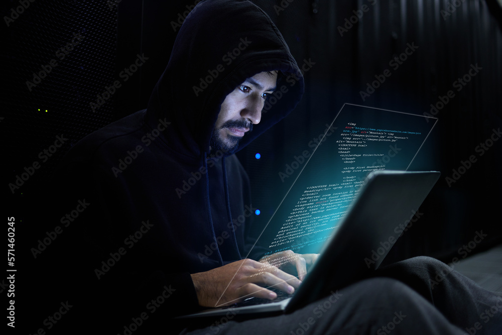Cyber security, crime and hacker with laptop coding malware in data center stealing sensitive digital information. Technology, software and man hacking in database to update ransomware on website. Cyber security, crime and hacker with laptop coding malware in data center stealing sensitive digital information. Technology, software and man hacking in database to update ransomware on website.