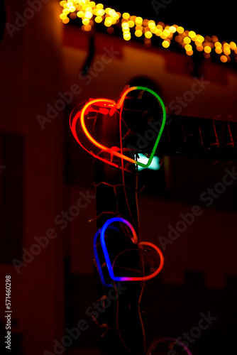 Multicolored neon heart on the street. Valentine's Day