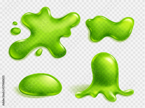 Green slime blob, jelly, liquid snot stain or glue realistic vector isolated illustration on transparent background. Blot of toxic phlegm or slimy poison splash