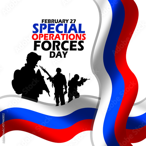 Waving Russian flags with illustration of military soldier and bold text on white background to commemorate Special Operations Forces Day on February 27 in Russia