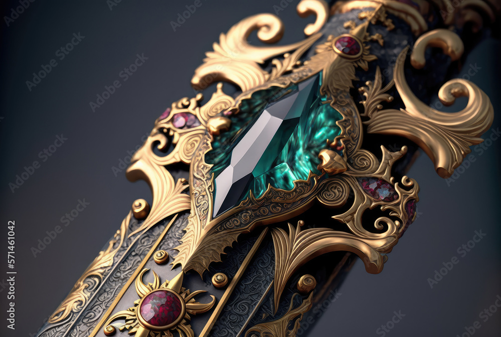 Fototapeta premium Sword hilt with gems closeup. Generative AI