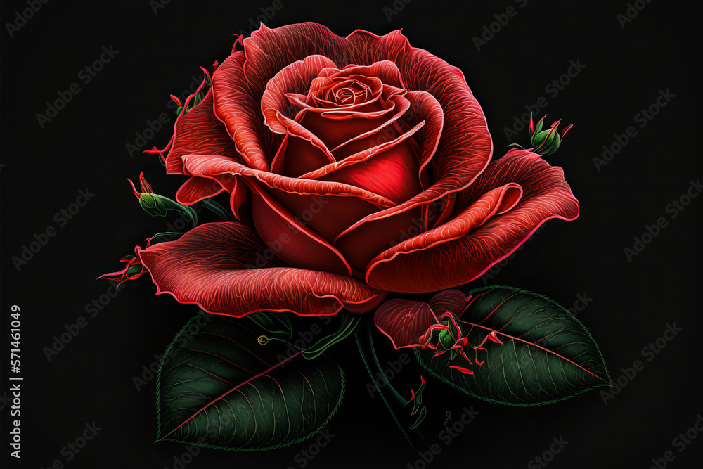 Bright red rose in close-up, placed on a black background to highlight ...